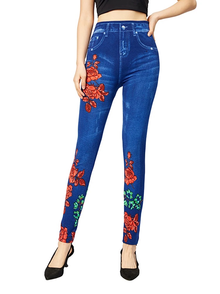 

INDJXND Floral Print Women Jeggings Faux Jeans Sexy Plus Size Yoga Leggings Lady Slim Fit Workout Fake Denim Pencil Pants