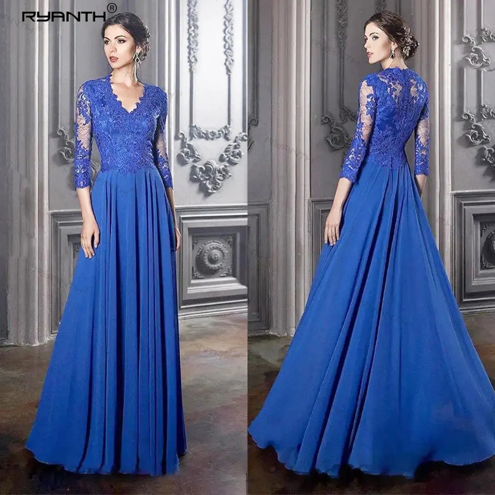 

Royal Blue V-Neck Appliques Mother of the Bride Dresses Chiffon Half Sleeves Groom Wedding Floor Length Abito Mamma Sposa 2024