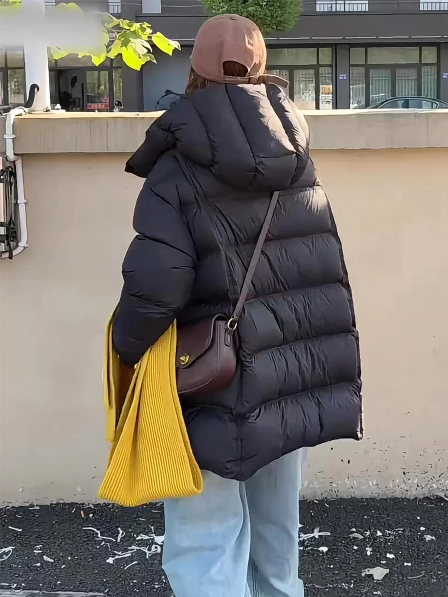 Chaqueta acolchada con capucha para mujer, abrigo largo holgado de pan, abrigo cálido con relleno de plumón, ropa de abrigo informal holgada para invierno
