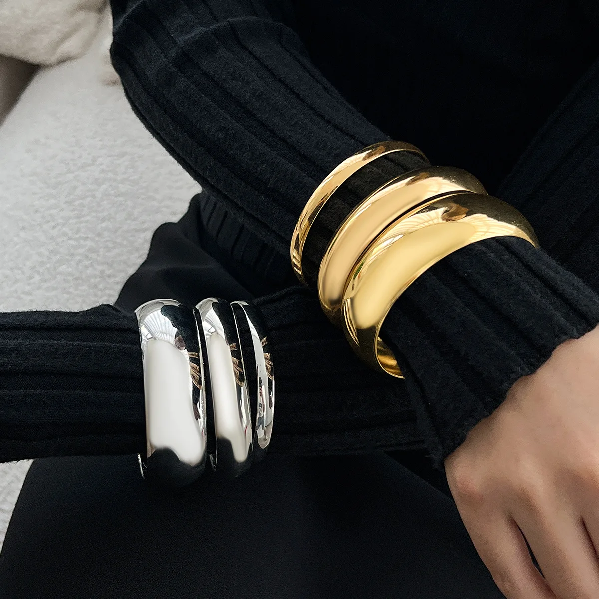 Exaggerated Punk Irregular Wide Cuff Bangle Set for Women Vintage Gold Color Chunky Metal Bracelets Men Hand Jewelry Gift