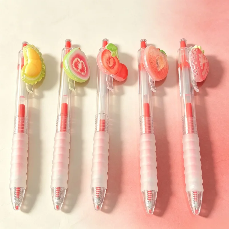 5pcs Cute Fruit Silicone Patch Gel Pen 0.5mm Creative Press Student Writing Pen Kawaii Stationery School Office Supplies Red Ink