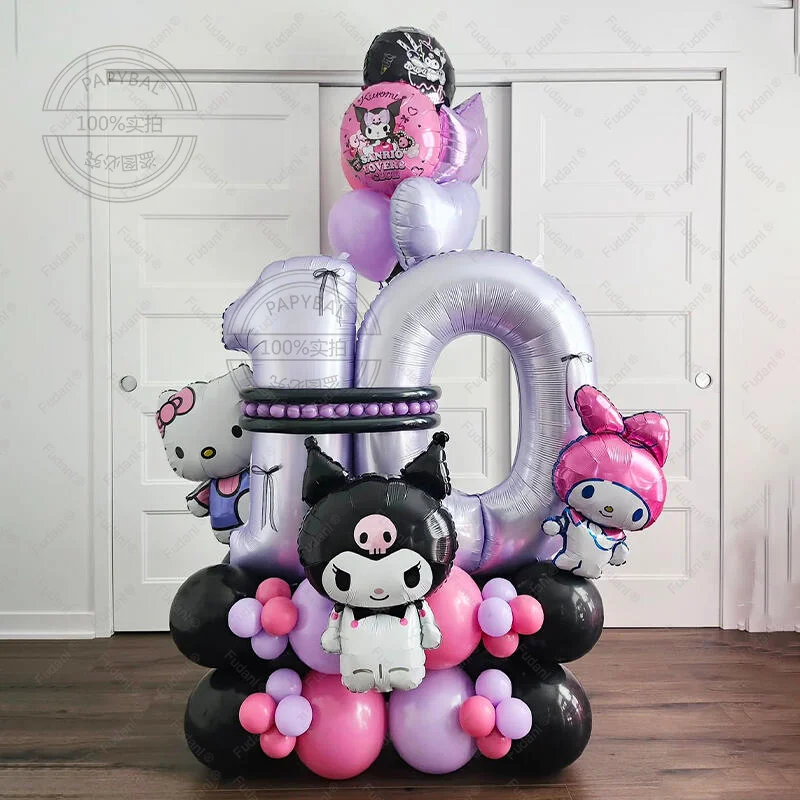 46 Uds. Tema Sanrio Linda melodía Kuromi Hello Kitty película de aluminio número púrpura 1-30 decoración de fiesta de cumpleaños para niña suministro de Baby Shower
