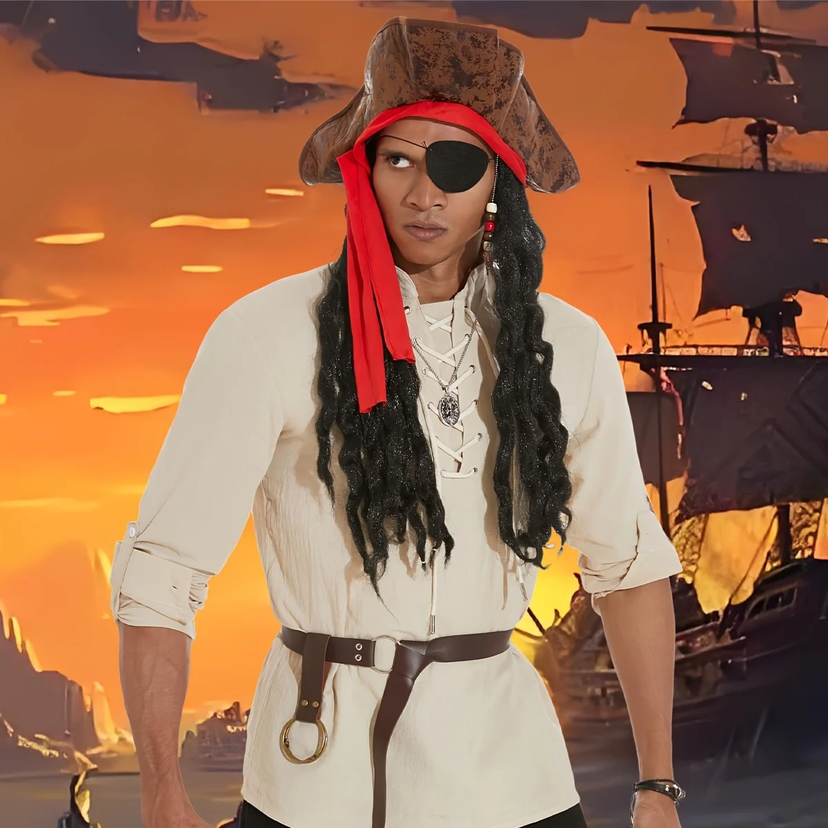 Ensemble d'accessoires de costume de pirate – Chapeau de pirate en polyester avec tresse, cache-yeux, collier et fausse barbe – Idéal pour Halloween, Carniv