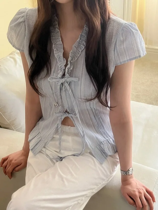 

Summer Stripe ort Sve irt Women's Chic Bow Tie Ele Lace V-ne Slimming Trendy Top Commute Sle Bubble Sve