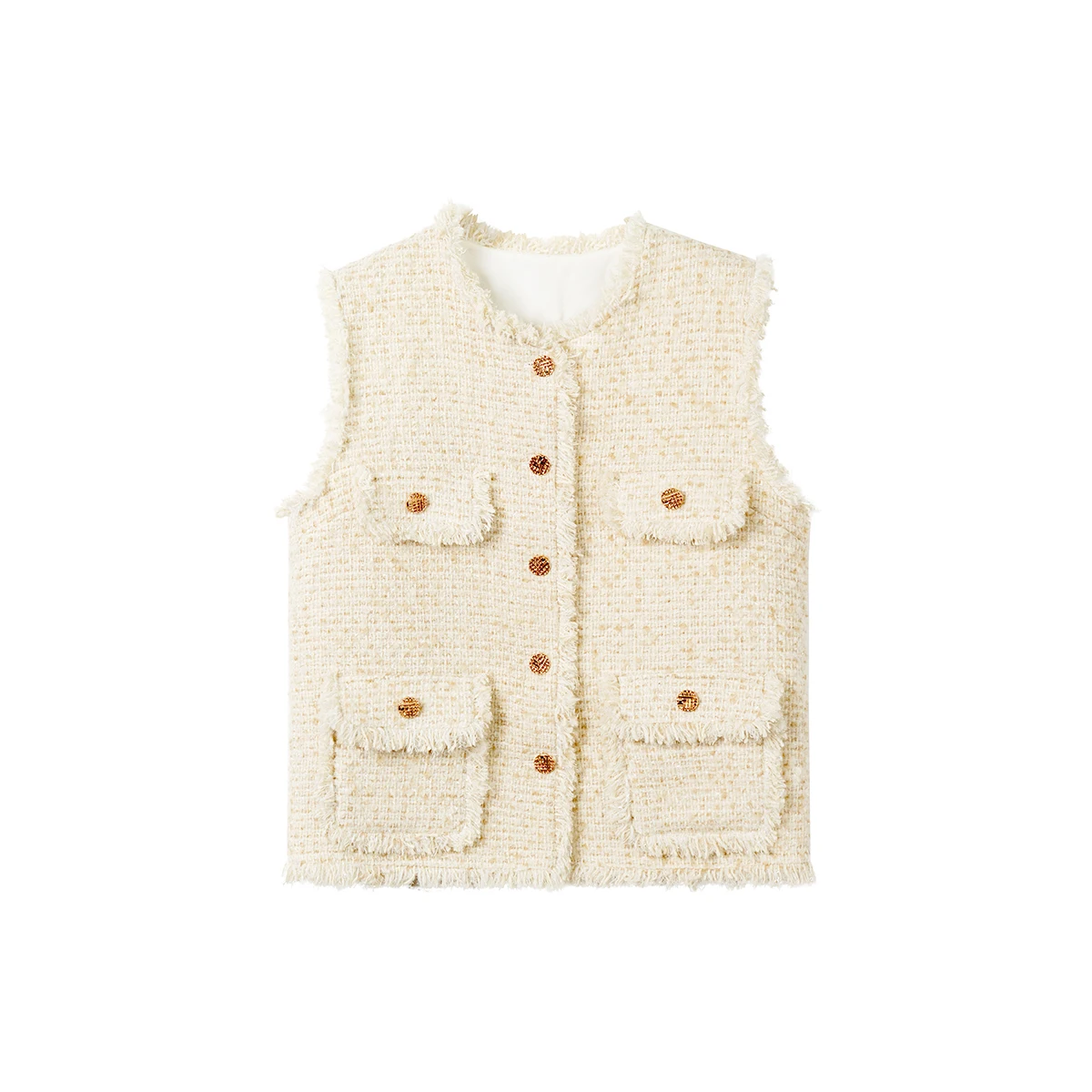 

2025 Fashion and elegant oat tassel fur coated temperament tweed wool commuter round neck single-breasted versatile vest