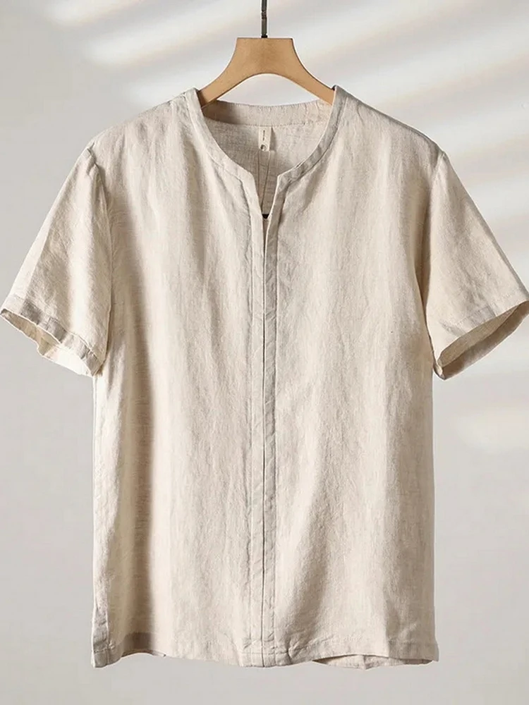 

New Chinese Sle Loose Fit Linen ort Sve V Ne Busin Casual irt for Men Breathable Summer Faion Urban Wear