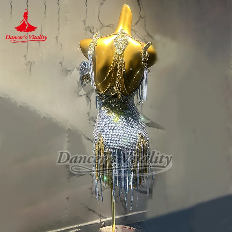Abito da ballo latino senza schienale Donna Rumba Chacha Tango Performance Costumi da competizione Bambino adulto Vestito da ballo latino Personalizzato