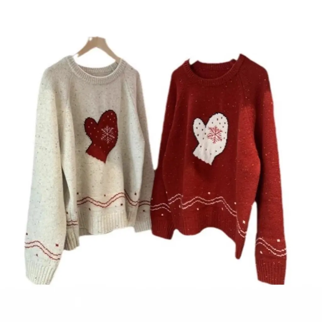 

Women's Christmas Snowflake Jacquard Gloves Soft Waxy Skin-Friendly 100% Wool Crewneck Sweater Winter Fashion F121707