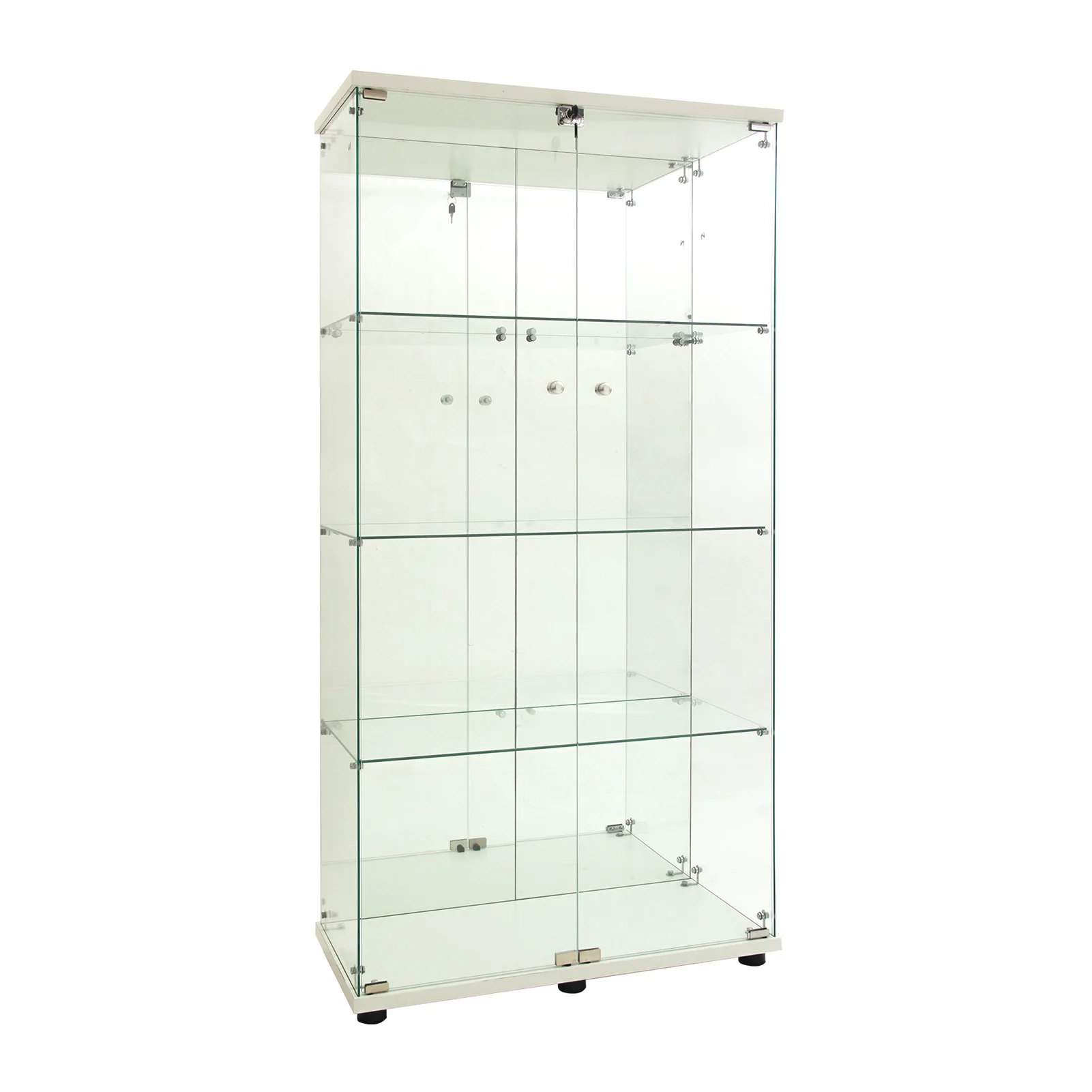 Vitrina de cristal con iluminación LED, moderna vitrina de cristal con pared trasera de espejo, ideal para exhibir objetos de colección, libros y vinos. Incluye 4 estantes de cristal y 2 puertas con cerradura.