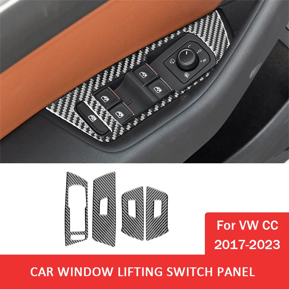 

4pcs Car Window Glasses Lifting Switch Panel Trim Sticker for Volkswagen VW CC 2017-2023 Carbon Fiber Auto Interior Accessories