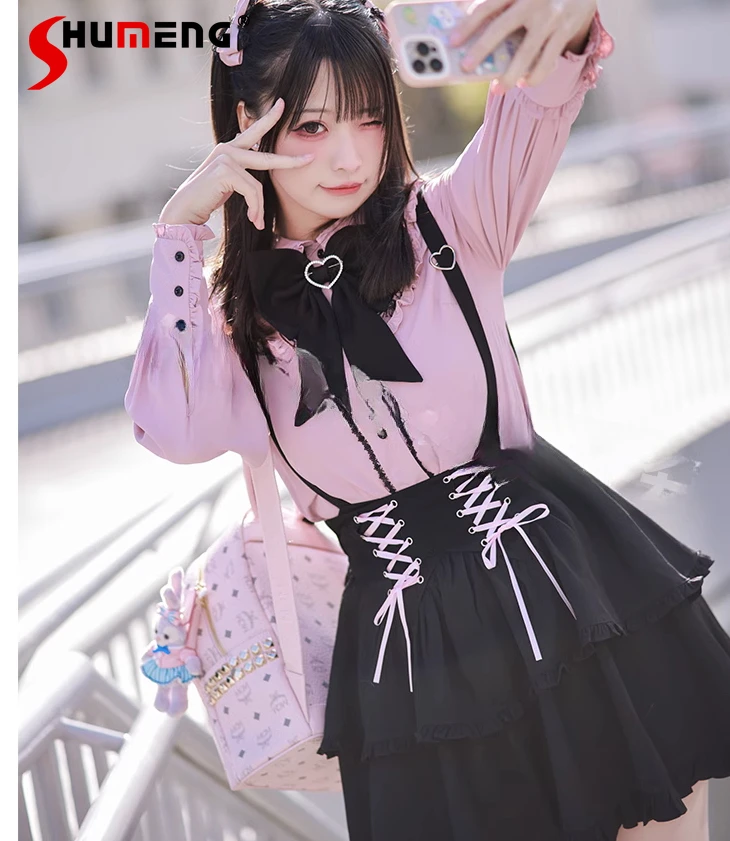 

2023 Summer New Sweet Bow Lace Flared Long Sleeve Pink Blouse Tops Lolita Girls Shirt Blusa Black Suspender Skirt Mine Skirt Set