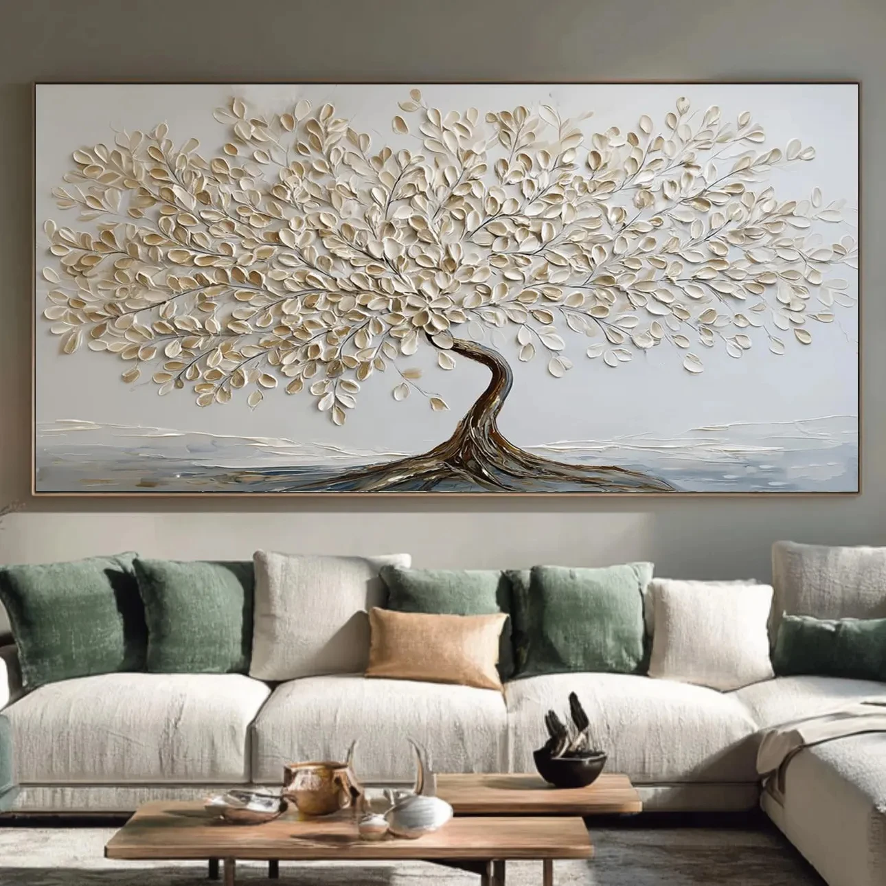 Beige Lebensbaum-Gemälde: Minimalistische Strukturierte Leinwand, Wabi-Sabi Wandkunst, Moderne Wohnzimmerdekoration, Ohne Rahmen