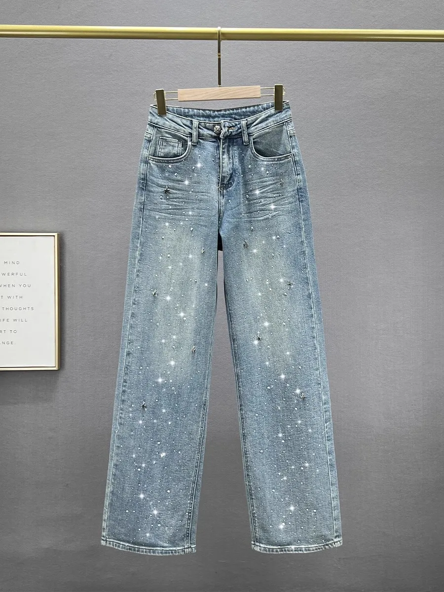 High Waist Wide Leg Jeans Women's Spring New Loose Slimming Heavy Embroidery Floor-Length Pants Long Trousers