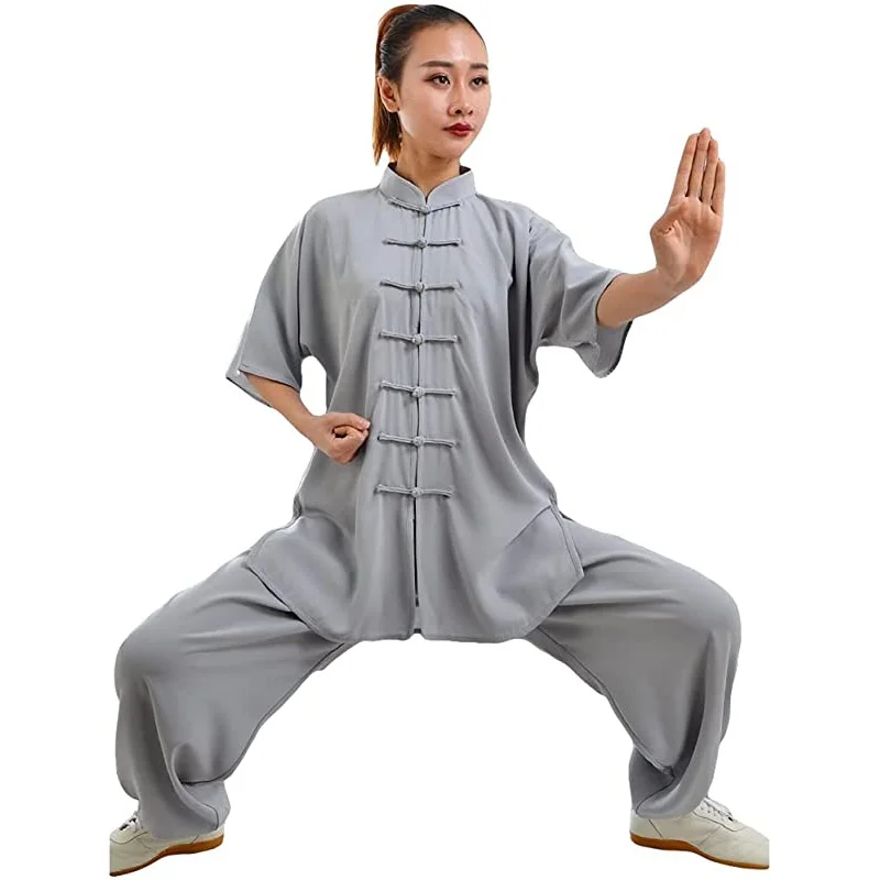 LATERONON Unisex mieszanka bawełny z krótkim rękawem Tai Chi garnitur gimnastyka poranna jednolite odzież Kung Fu