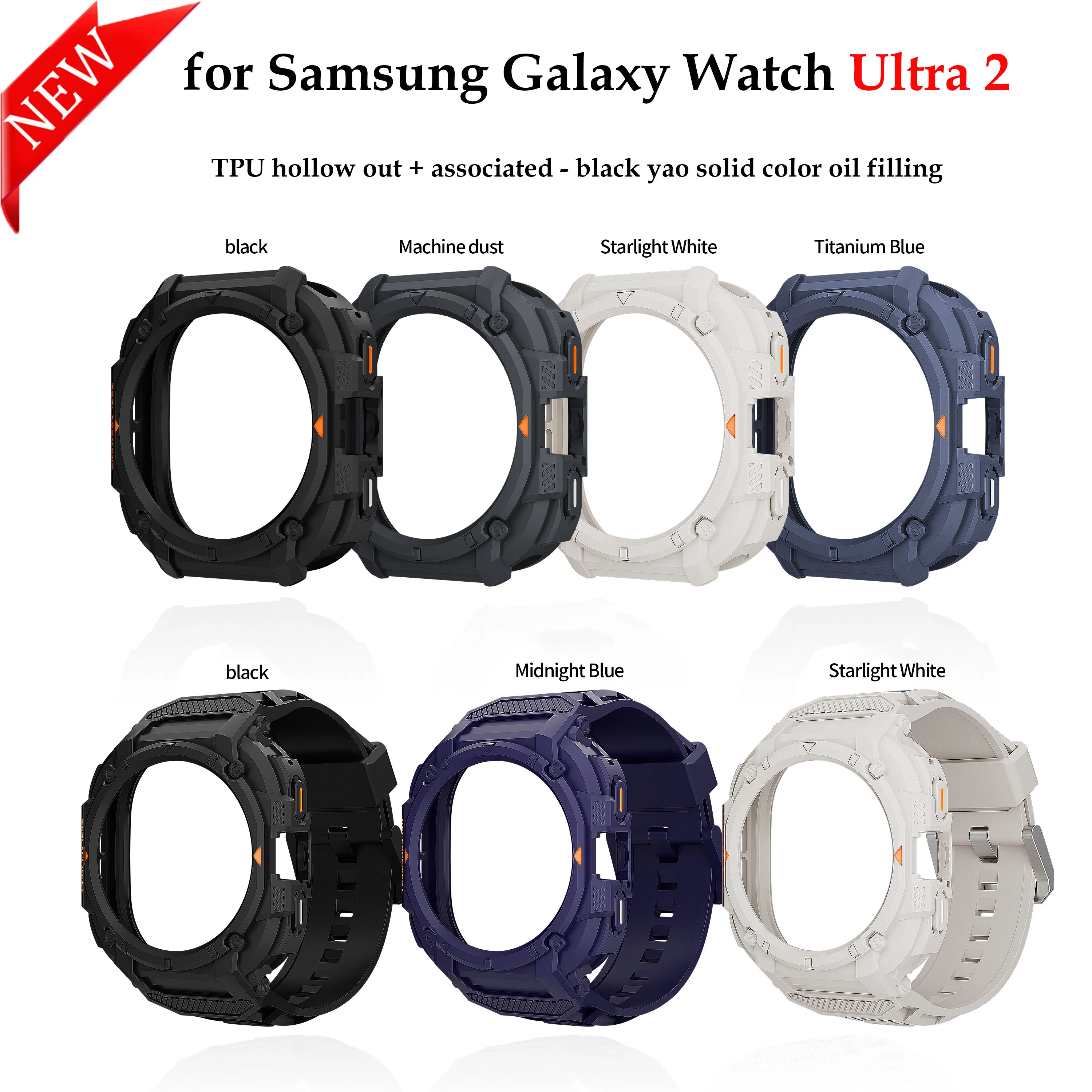 TPU Hollow Out Case for Samsung Galaxy Watch Ultra2 Accessories One-piece Protective Cover+Straps for Galaxy Watch 7 Ultra 47mm