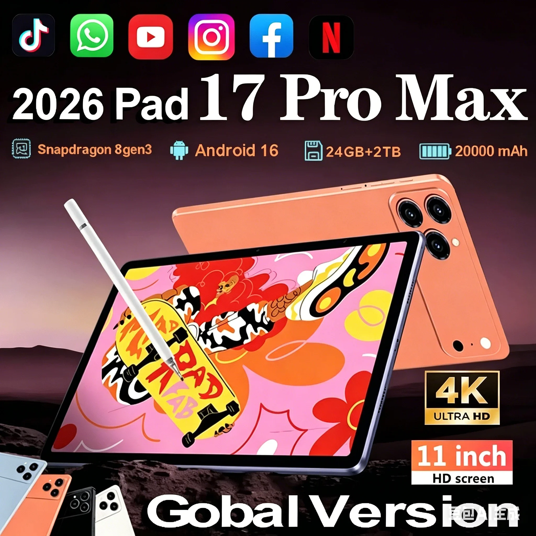 2026 NEW Pad 17 Pro Max Tablet PC 11inch 22GB+2TB Tablets Android 16 Snapdragon8gen3 Tablette PC 20000mAh 5G Dual SIM Mini PC