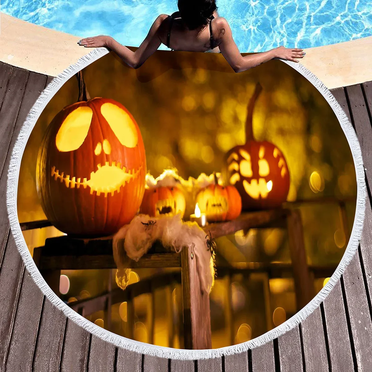 منشفة شاطئ مستديرة للهالوين، مناشف شاطئ على شكل يقطين من الألياف الدقيقة، مناشف حمام سباحة ماصة سريعة الجفاف، بطانية شاطئ خالية من الرمال للسفر #5