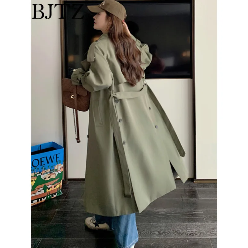 

BJTZ Casual Trench Coat For Women Solid Color Lapel Double Breasted Loose Fashion Long Windbreaker 2025 Spring New