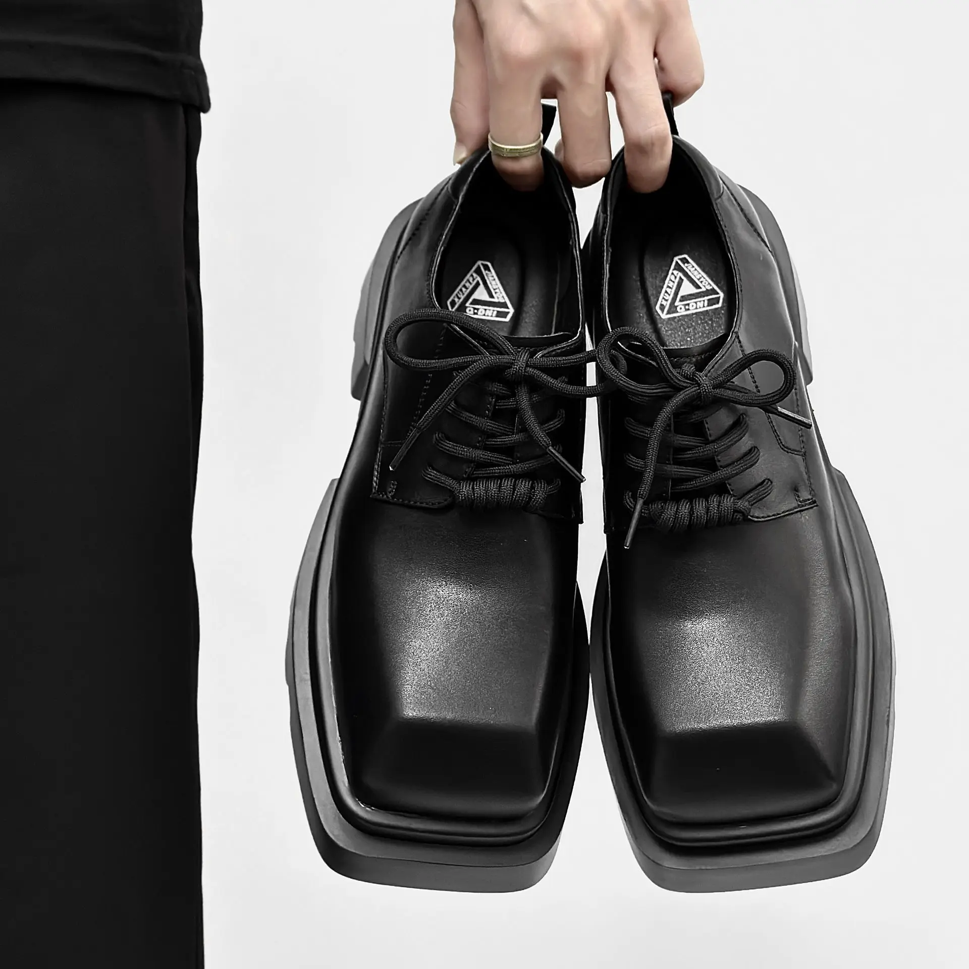 

Square Head Leather Men's 2025 New British Style Shoes Platform Height-increasing Wedding Party Groom Sneakers Derby Boots