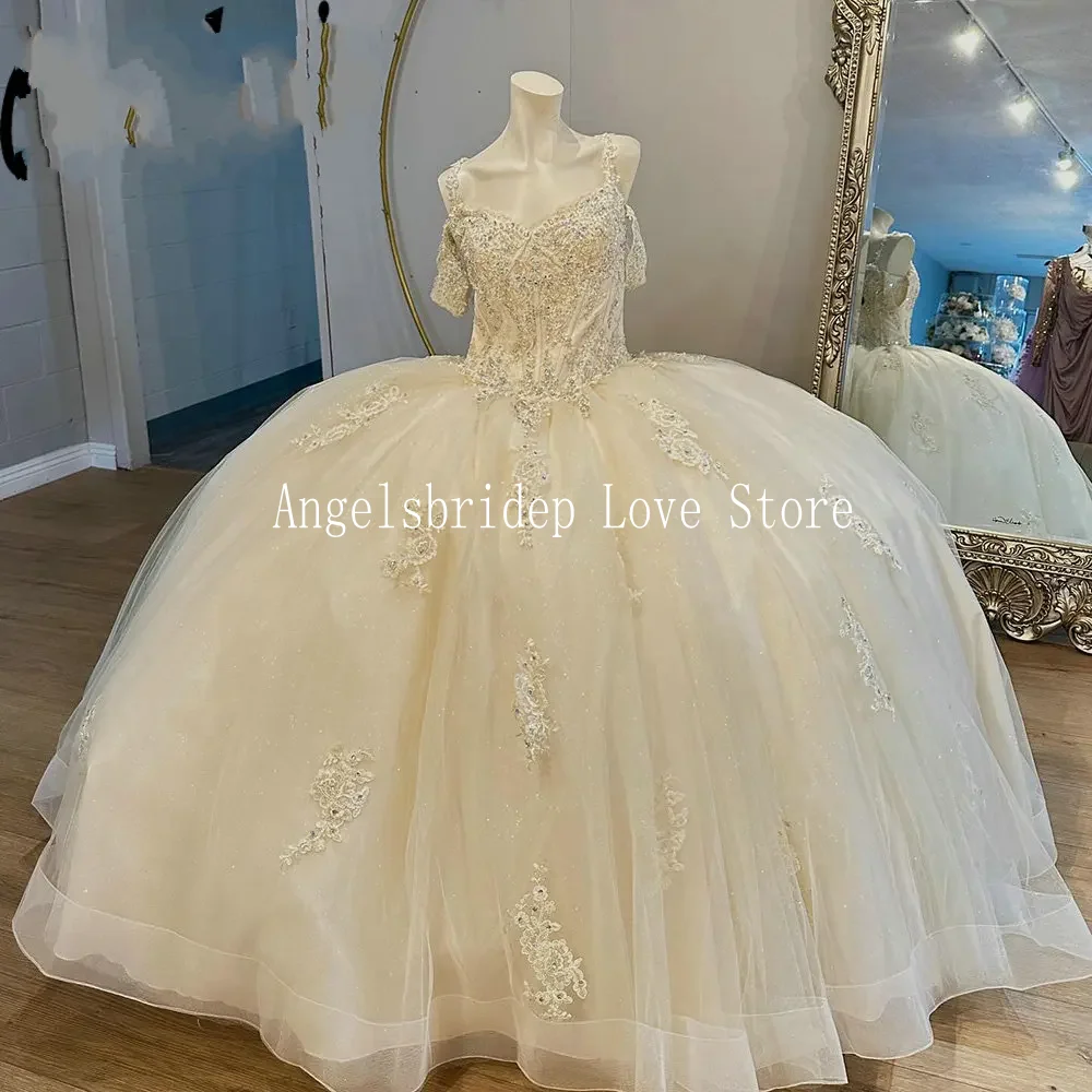 Angelsbridep-vestido De baile champán claro para quinceañera, dulce 16, correa De espagueti, cuentas De cristal, 15 Años, 2024