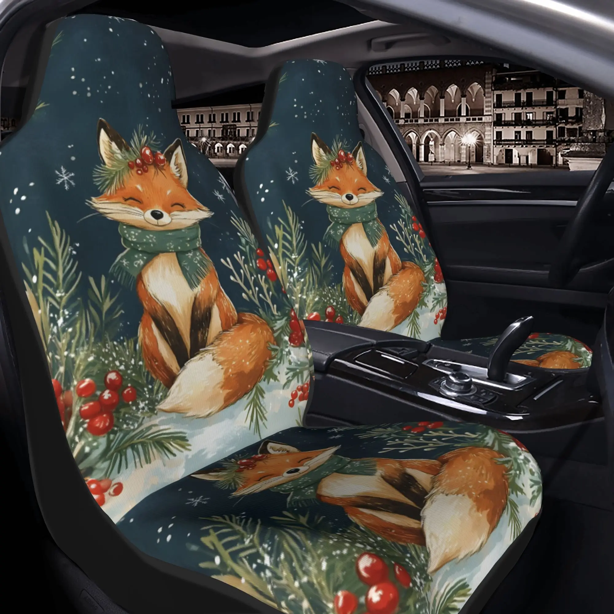 2pcs Christmas Fox Car Seat Cover Set | Playful Cartoon Print Universal Front Seat Protectors With Wear Resistant Polyester Fabr