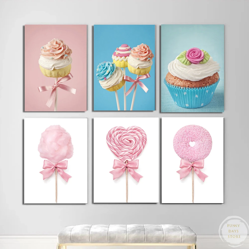 1 cuadro de lienzo sin marco con diseño de pastel, algodón de azúcar, piruleta y donut, póster artístico para habitación infantil, tienda de postres
