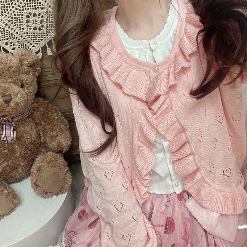 Autumn Kawaii Lolita Knitted Cardigan Women Sweet Y2k Ruffles Long Sleeve Sweater Coat Spring Japanese Girls Cute Knitwear Tops