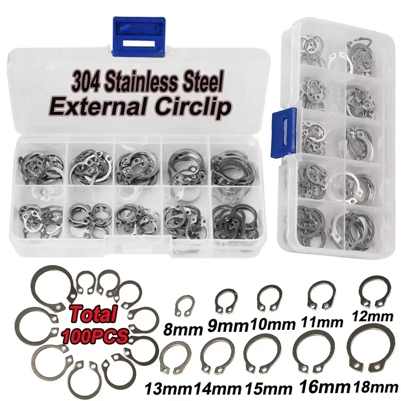 100PCS/Lot Silver Color 304 Stainless Steel External Circlip Retaining Ring Assortment Kit 8-18mm With box