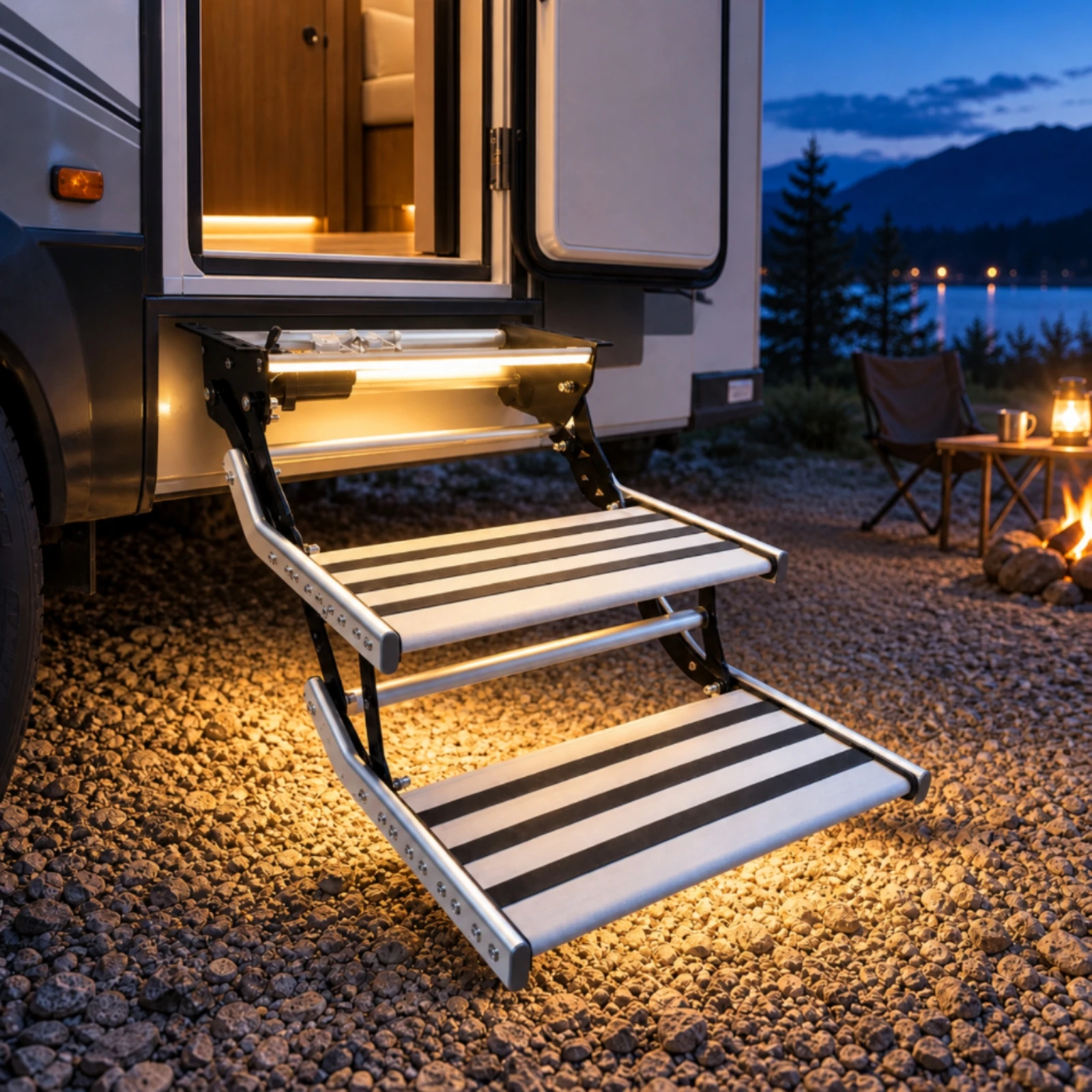 Double-Tier Folding Step Space-Saving Two-Tier RV Step Heavy-Duty Rust-Resistant for Campers, Travel Trailer Access