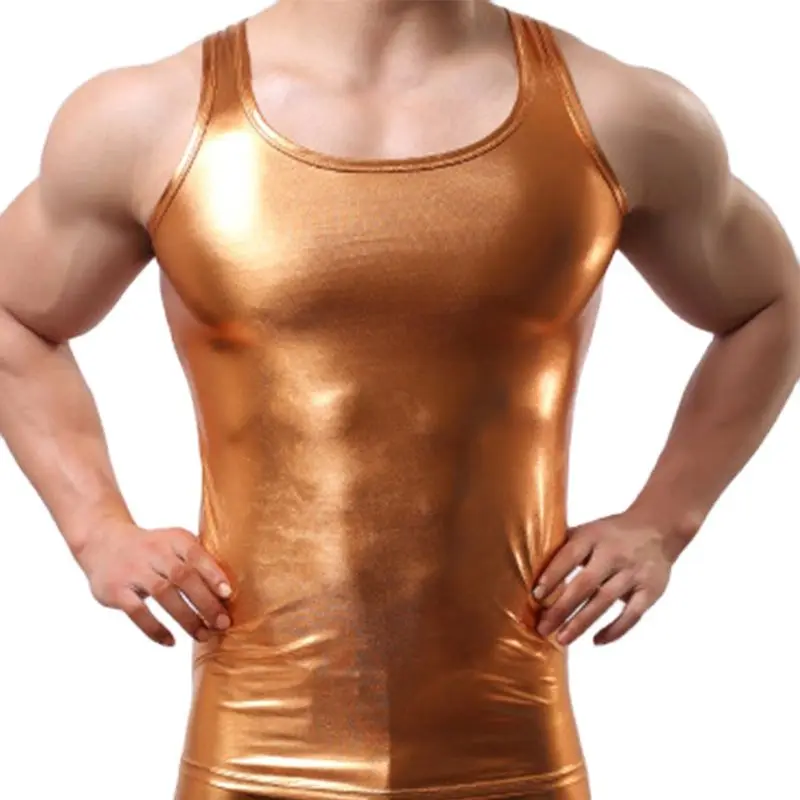 Mens Shiny Gold Metallic Tank Tops T Shirt Sleeveless Round Neck T-shirt Men 70s Club Party Dance Tee Shirt Homme Ropa Hombre