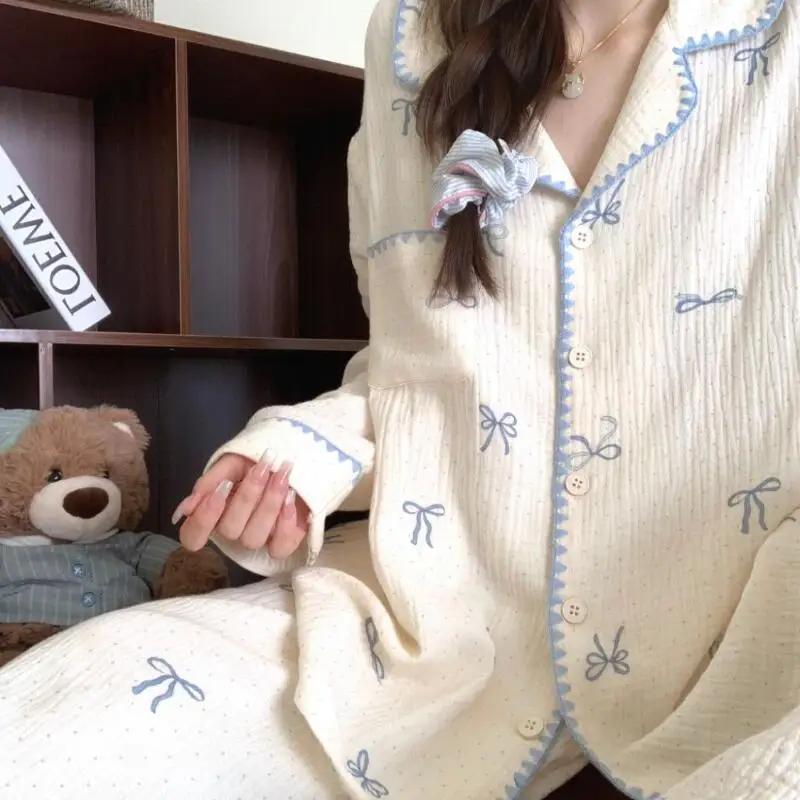 Senhora conjunto de pijama outono e inverno novo modelo doce mangas compridas calças casa conjunto bonito manter quente confortável moda