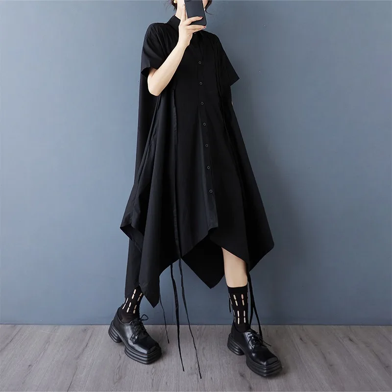 Small niche dark style summer drawstring design casual chic irregular shirt skirt fashionable casual dress