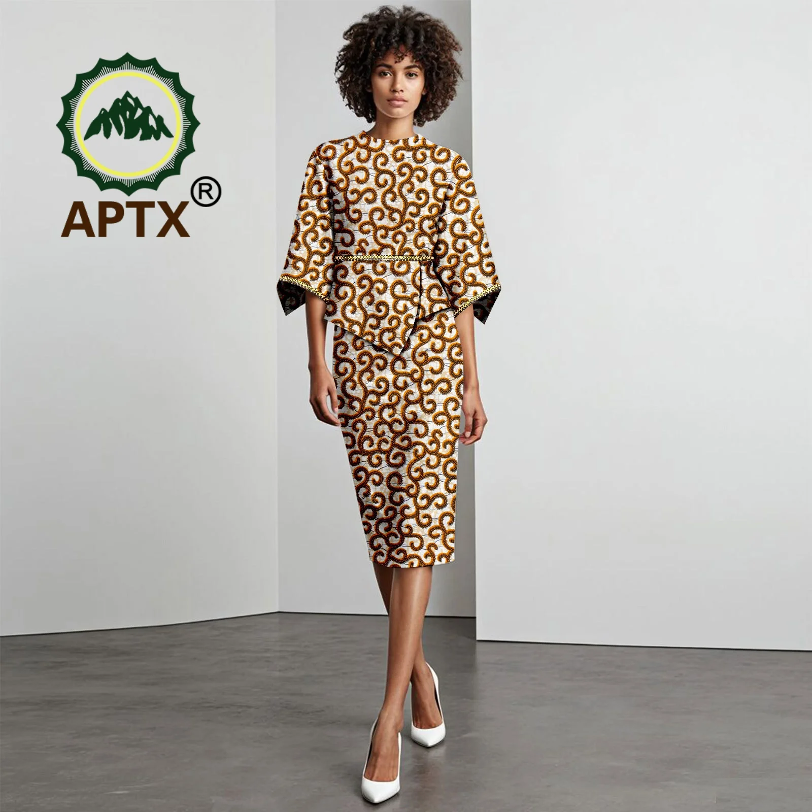 

African Women's Ankara Printed Three Quarter Sleeve O-Neck Top and Knee-Length Skirt Two-piece Patchwork Set Dashiki Casual