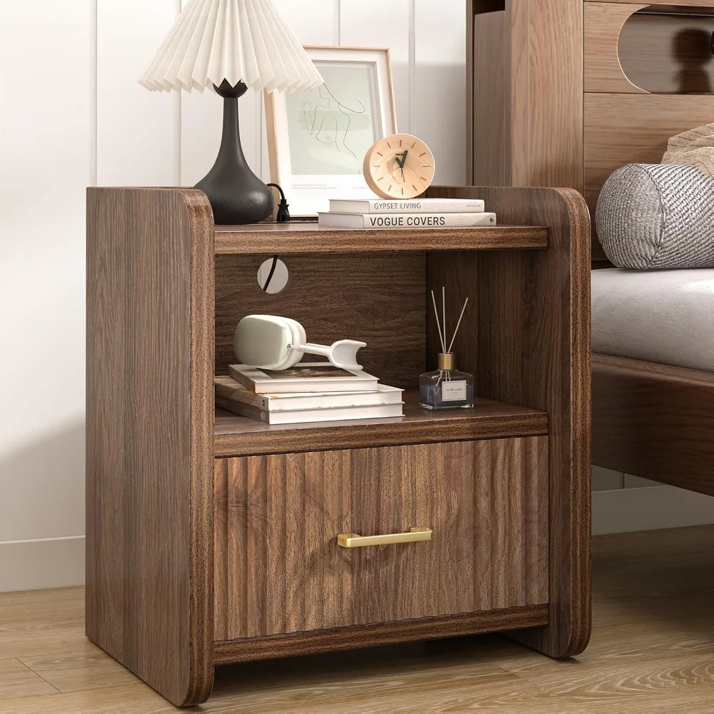 

Night Stand with Charger Station, Fluted Wood Nightstand with Drawer Storage, Modern Bedside Table, Customized