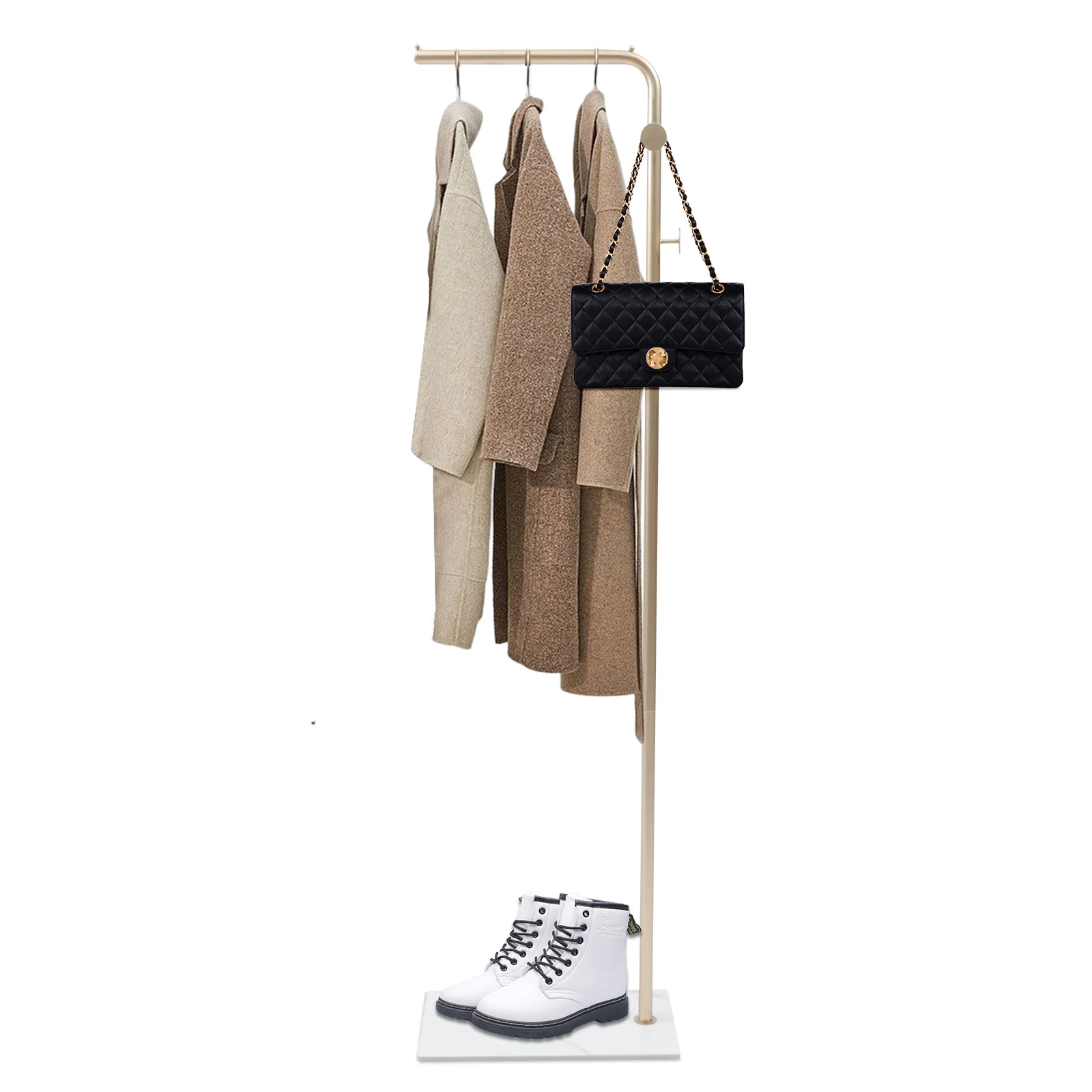 Entryway Coats Hanger Stand With 3 Hooks,Metal Coat Rack Freestanding With Natural Marble Base, Home Hotel Hall Tree For Coats, Hats, Scarves, Clothes, And Handbags (Gold-w/white Base)