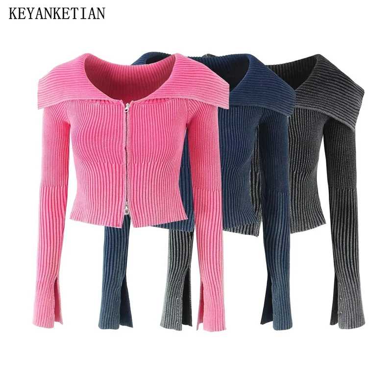 KEYANKETIAN Autumnr New Women's Turn Down Collar Zip-up Slim Tie-Dye Cropped Knitwear Fashion Sexy Off-The-Shoulder Crop Sweater