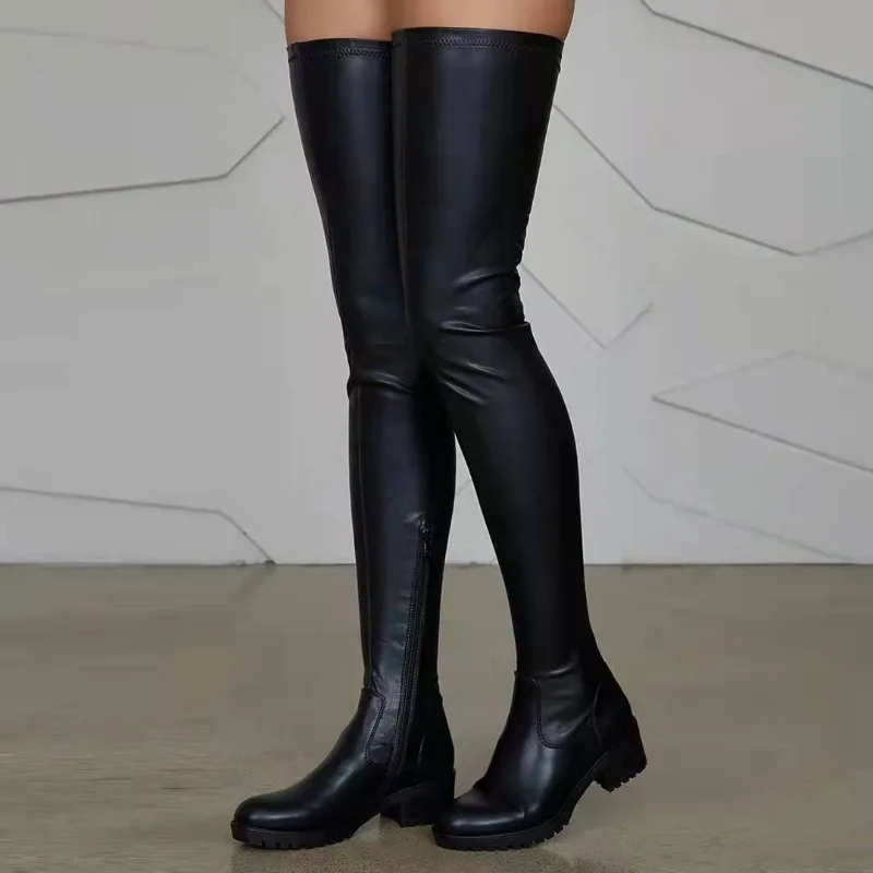 Damenstiefel, seitlicher Reißverschluss, Overknee-Stiefel, sexy Plateau, lange Stiefel, dicker Absatz, modische Schuhe in Übergröße, elastischer Lederstiefel