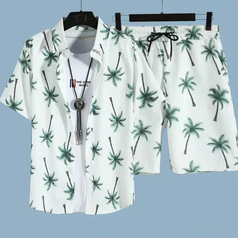 Cartoon Novelty flower grass leaf coconut tree 3D Print shirt +Shorts Short Sleeve Flip collar shirts half pants Two Piece Set