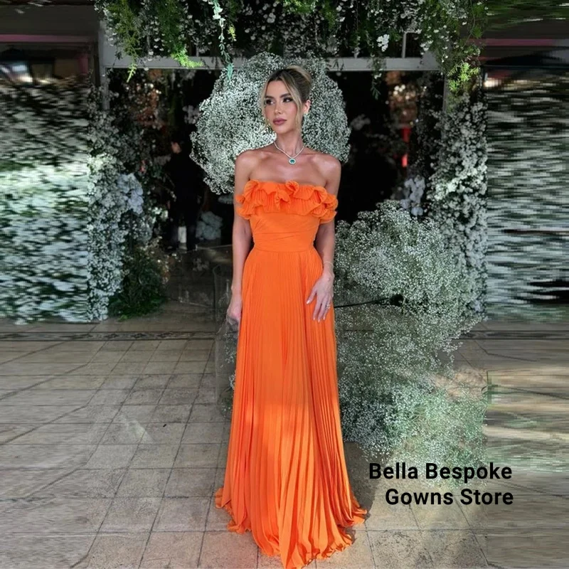 

Orange Chiffon Evening Dresses A-Line Sleeveless Pleats Ruched Elegant Prom Dresses Floor Length Prom Gowns Customized