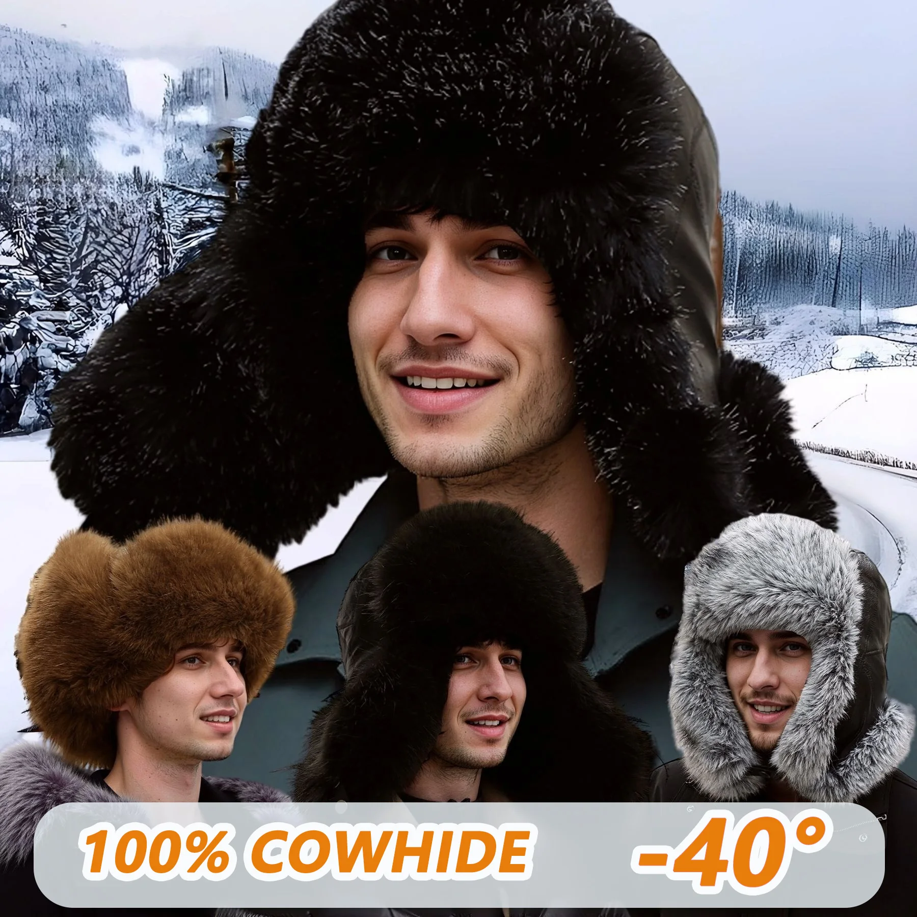 Leather Aviator Shearling Ushanka Trapper Hat Russian Cowhide Cap Real Fur Winter Hat with Ear Flaps for Men Women