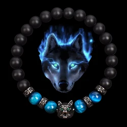 Wolf Charm Bracelets Men Natural Black Agates Onyx Stone Bracelet Brave Blue Tiger Eye Elastic 8 mm Beads Jewelry Beaded Pulsera