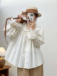 2025 Mori kei clothing women vintage boho v neck solid shirts and blouses large size tops women cotton Korean clothing