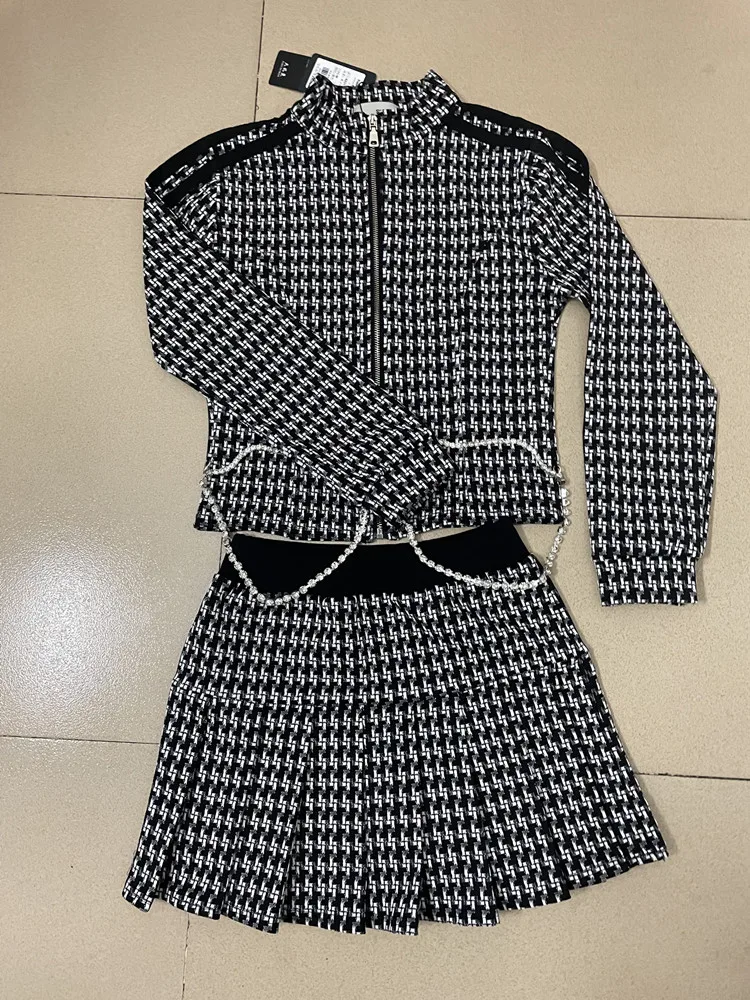 High-end Fashion 2024 Winter 2-piece Women's Retro Lapel Short  Jacket Mid-length Skirt Two-piece Houndstooth Tweed Skirt Suit