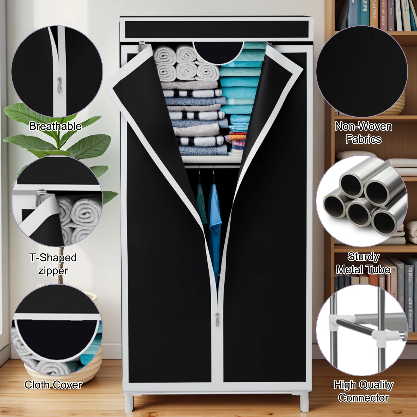 Portable Fabric Wardrobe Closet Garment Rack with Hanging Rack Full-Dust Cover Dustproof Cover 16mm for Bedroom Apartment Dorm