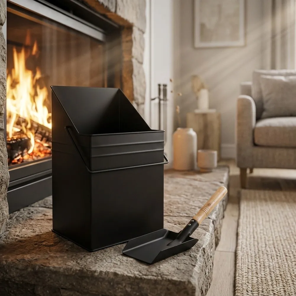 Thickened Iron Fireplace Tools Set Includes Large Ash Bucket and Precision Slant Square Shovel for Indoor Wood Stoves