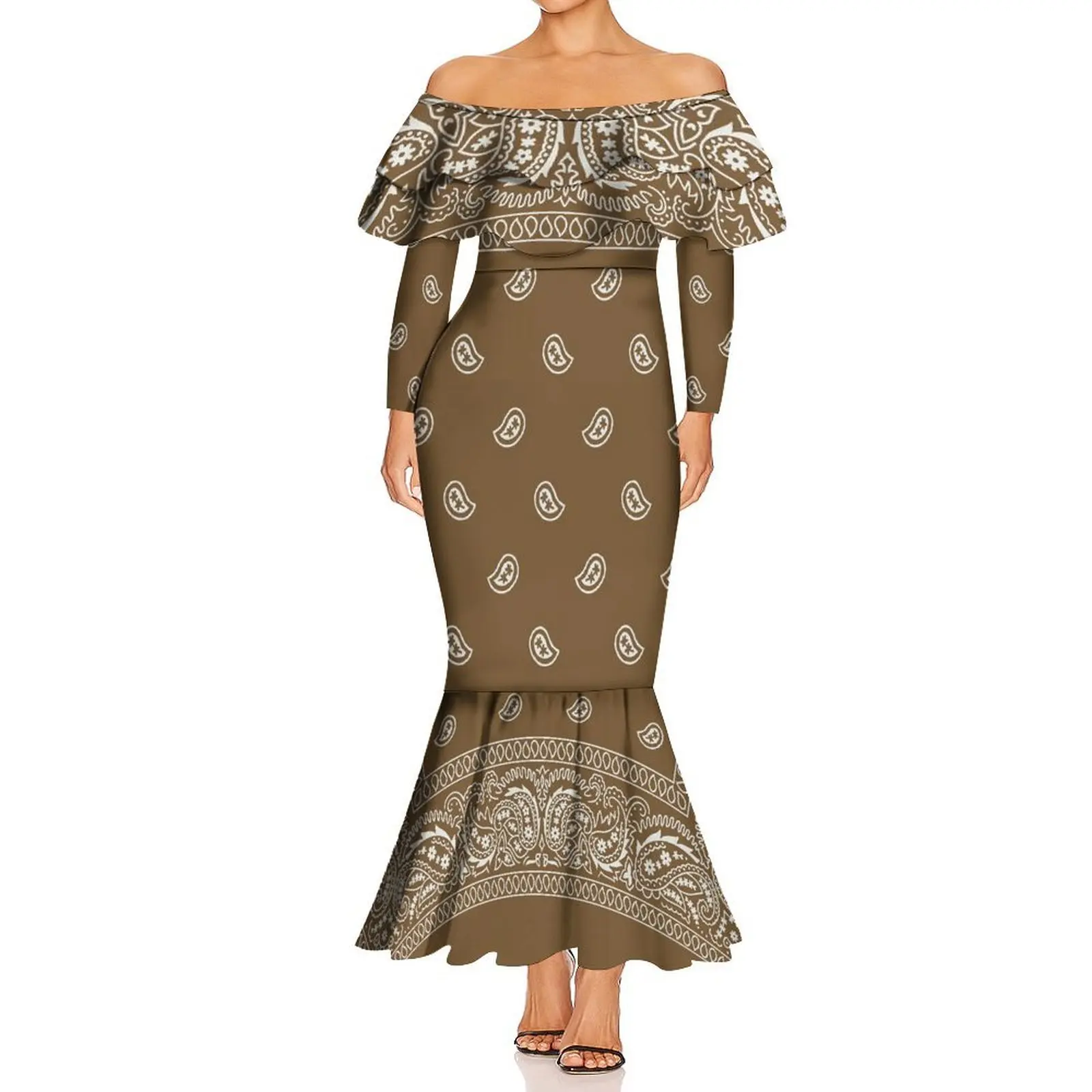 Verão bandana dupla camada babados havaiano feminino manga comprida um ombro fino fishtail vestido padrão de vestido personalizado