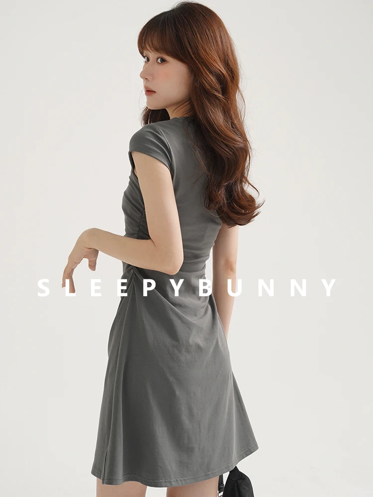 カジュアルスリムTシャツワンピース レディース 夏 半袖 無地 クルーネック ミニ丈 ハイウエスト Aライン スケーターワンピース デイリースタイル