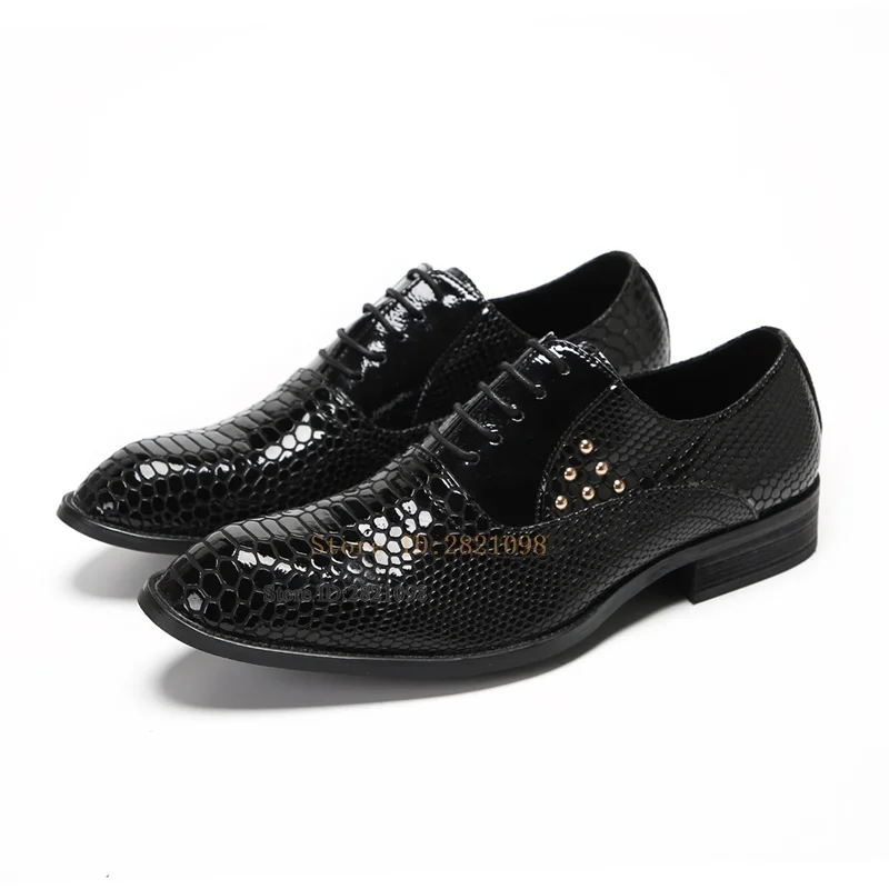 

Black Leather Crocodile Pattern Lace Up Male Flats Men Business Dancing Dress Shoes Square Toe Outdoor Shoes