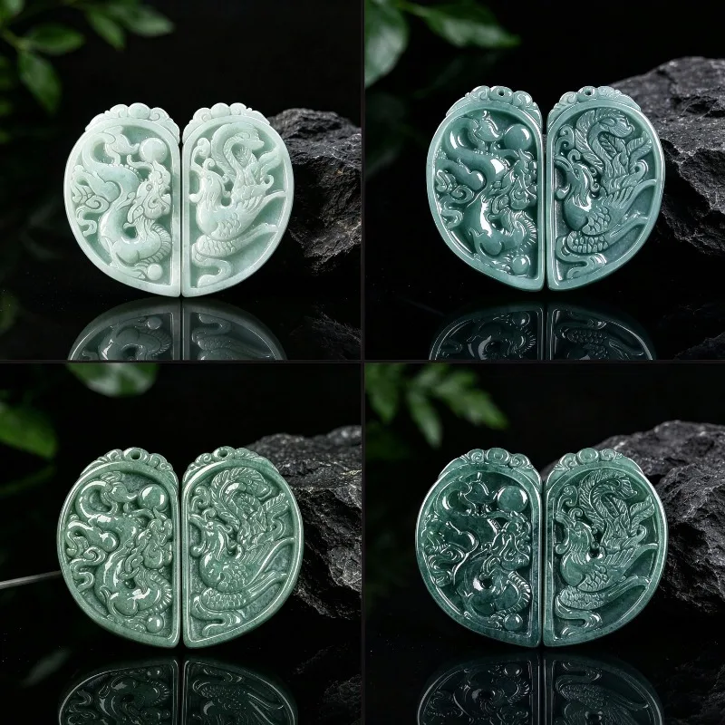 Certified A-Grade Natural Jadeite Dragon Phoenix Couple Pendant Hand Carved Burmese Jade Lucky Amulet Necklace Jewelry Gift