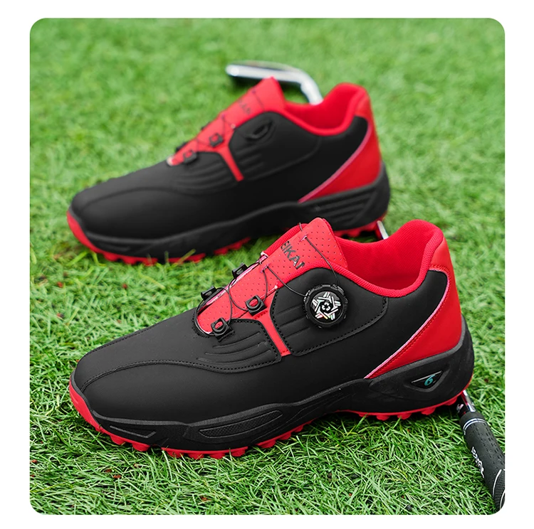 Herren Golfschuhe mit Drehverschluss und Spikes, Wasserdichtes Leder, Rutschfeste Outdoor-Sportschuhe in Weiß, Schwarz und Rot – Detail 14